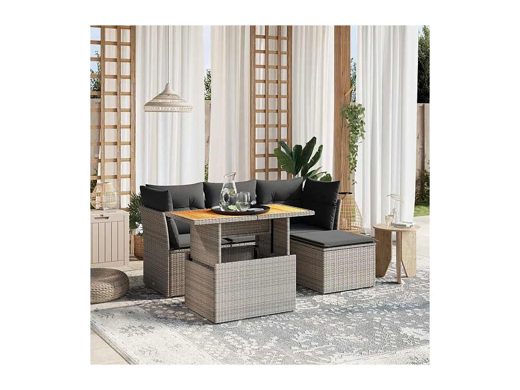 Salon de jardin 6 pcs avec coussins gris résine tressée
