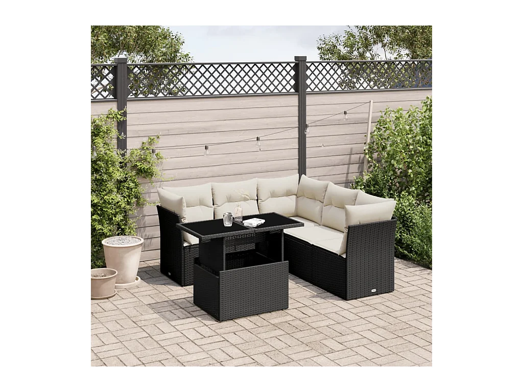 6-delige Loungeset met kussens poly rattan zwart