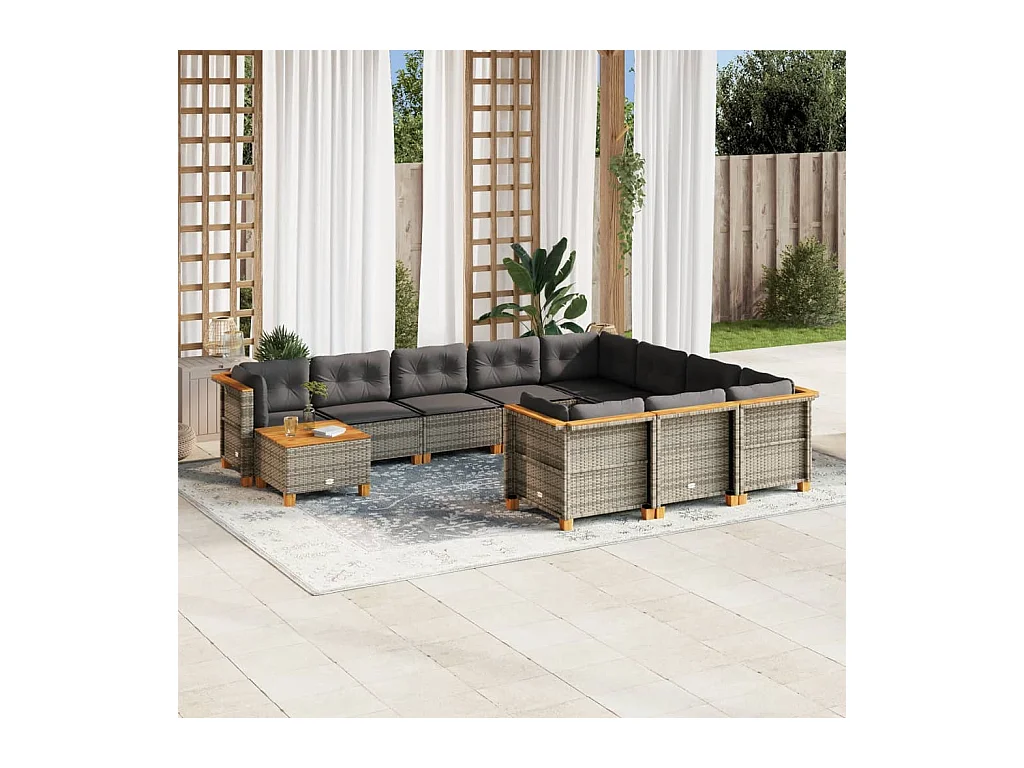 11-tlg. Garten-Sofagarnitur mit Kissen Grau Poly Rattan