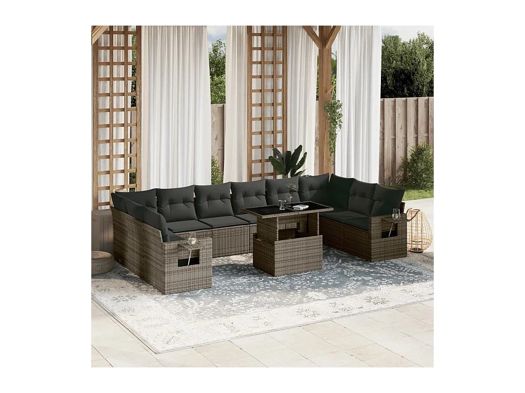 Salon de jardin 11 pcs avec coussins gris résine tressée
