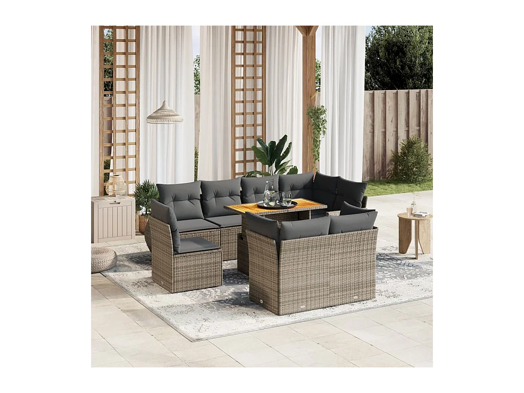Salon de jardin 9 pcs avec coussins gris résine tressée
