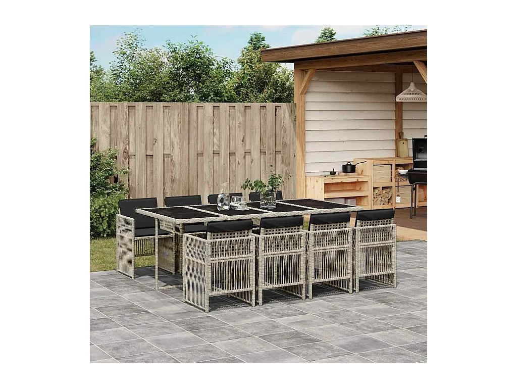 Ensemble à manger de jardin et coussins 9 pcs gris clair rotin