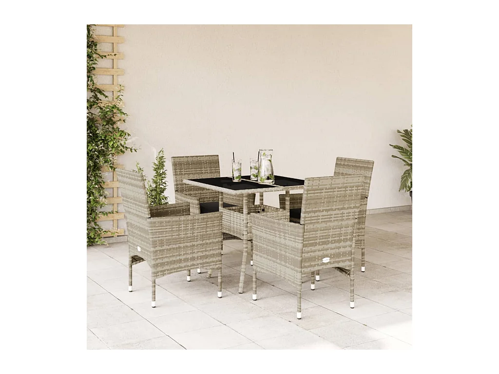 5-delige Tuinset met kussens poly rattan en glas lichtgrijs