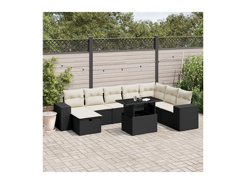 9-tlg. Garten-Sofagarnitur mit Kissen Schwarz Poly Rattan