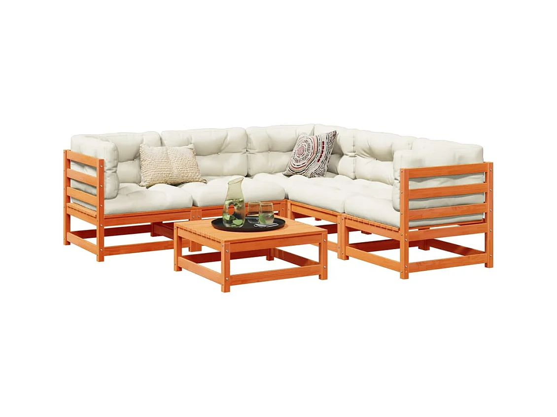 Salon de jardin 6 pcs avec coussins cire marron bois pin massif