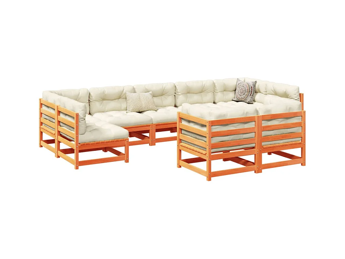 Salon de jardin 9 pcs avec coussins marron cire bois pin massif