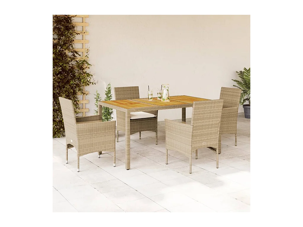 Ensemble à manger de jardin et coussins 5pcs beige rotin acacia