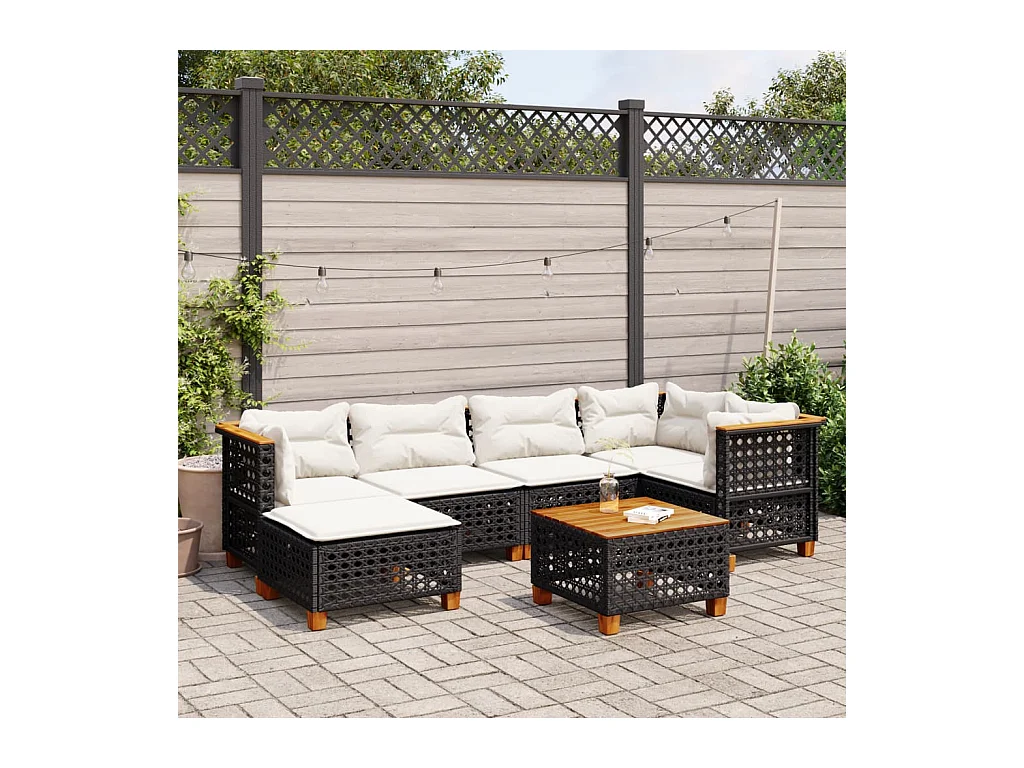 Salon de jardin 7 pcs avec coussins noir résine tressée