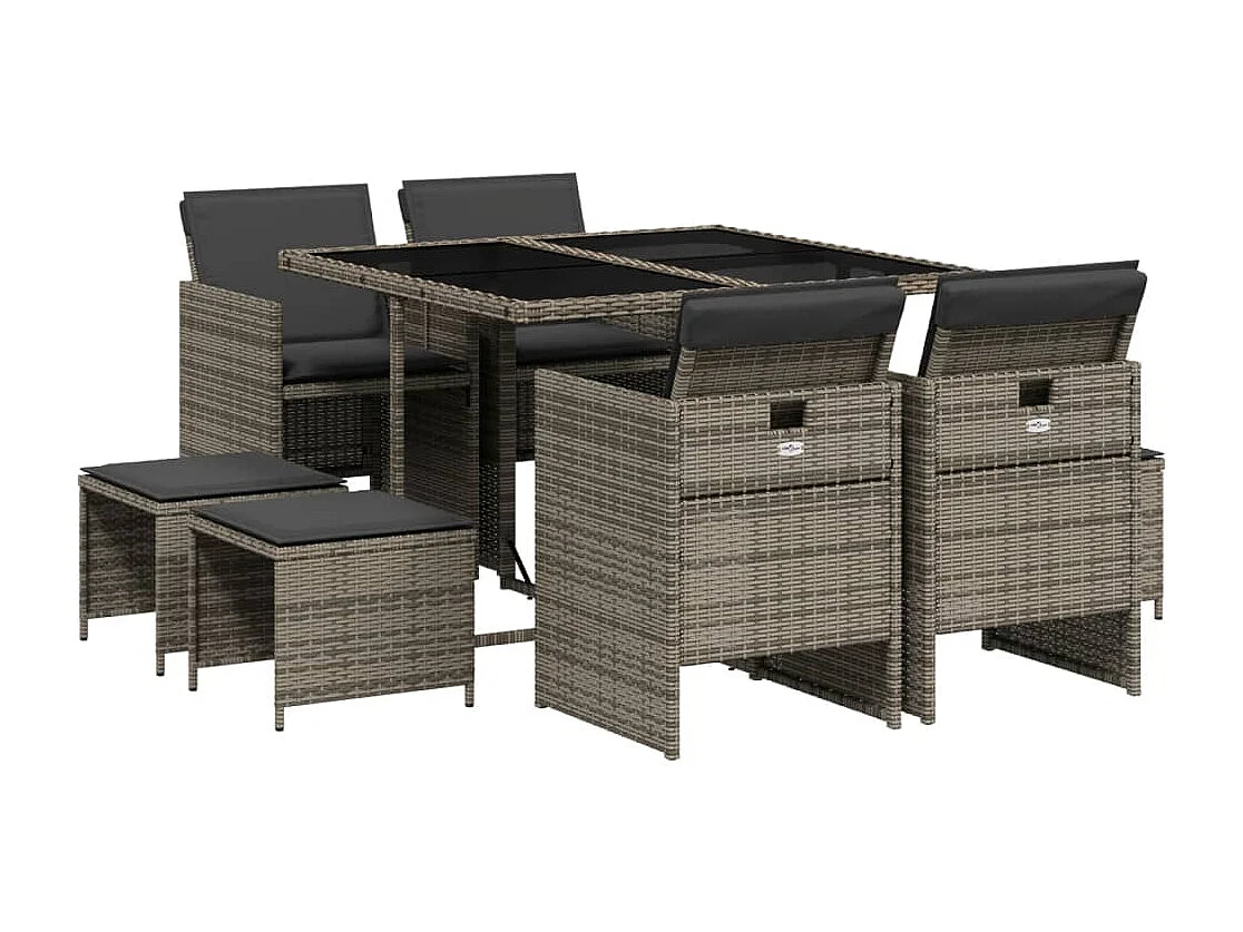 9-tlg. Garten-Essgruppe mit Kissen Grau Poly Rattan