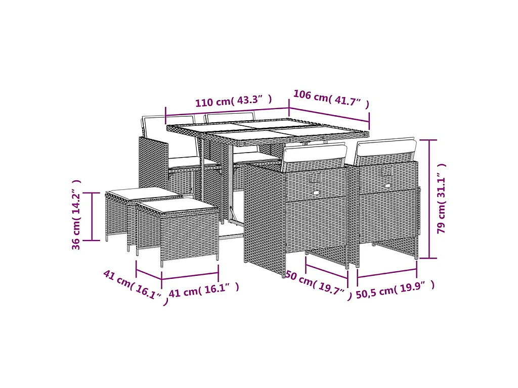 9-tlg. Garten-Essgruppe mit Kissen Grau Poly Rattan