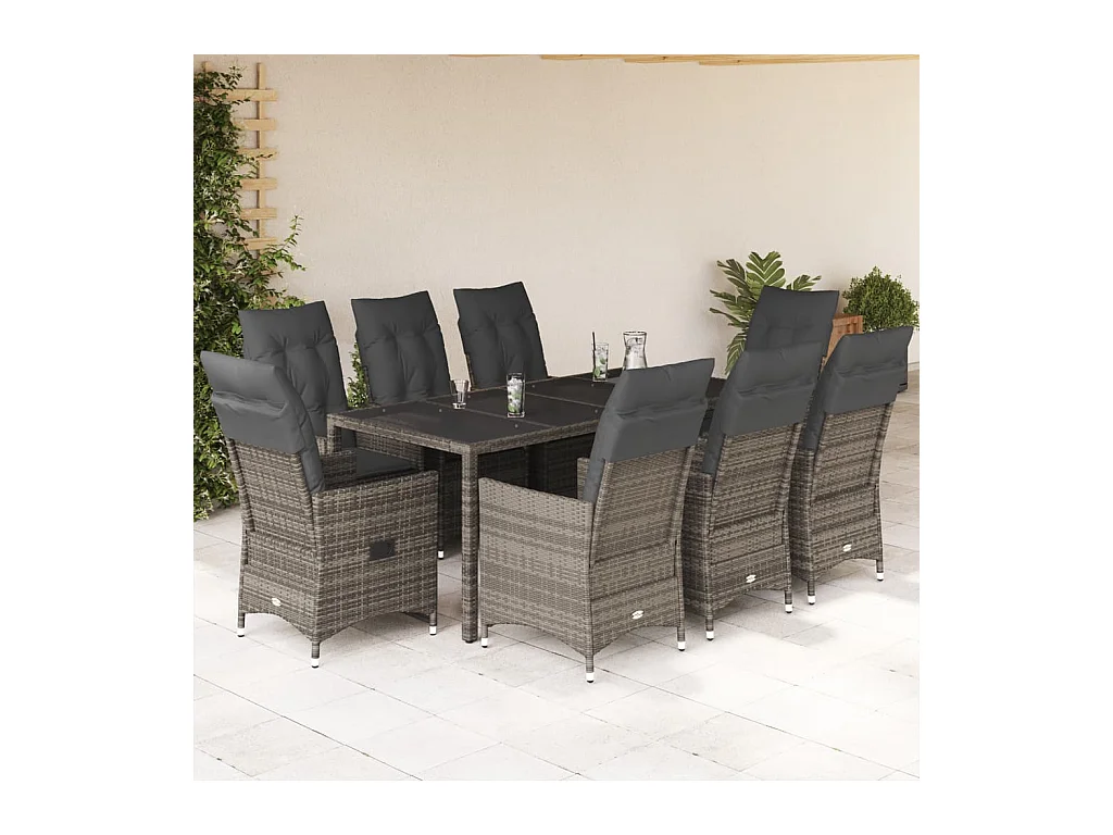 Set da Pranzo da Giardino 9 pz con Cuscini in Polyrattan Grigio