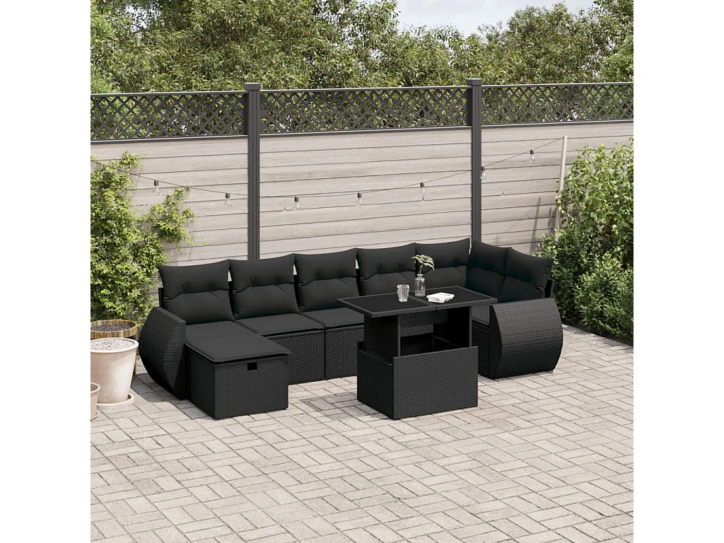 8-tlg. Garten-Sofagarnitur mit Kissen Schwarz Poly Rattan