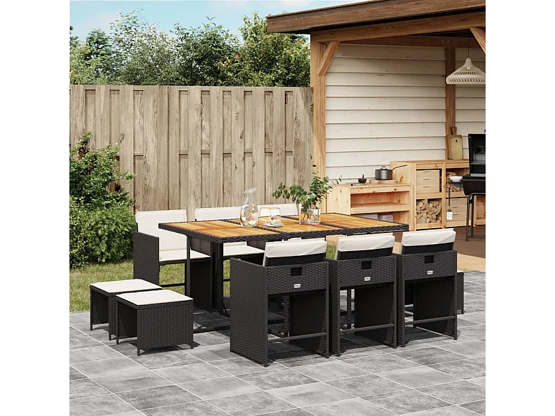 11-tlg. Garten-Essgruppe mit Kissen Schwarz Poly Rattan