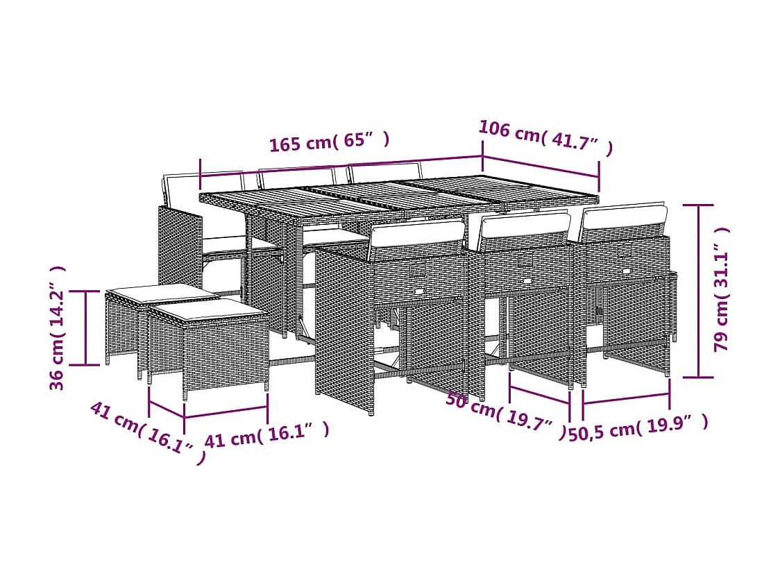 11-delige Tuinset met kussens poly rattan zwart