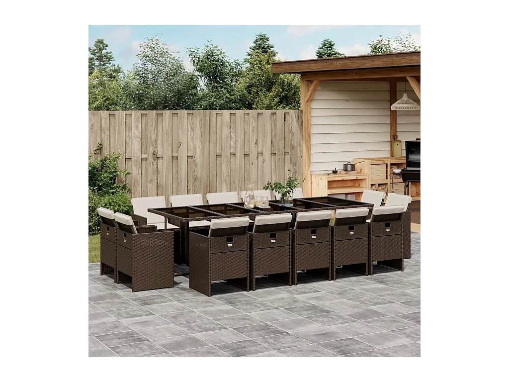 15-tlg. Garten-Essgruppe mit Kissen Braun Poly Rattan