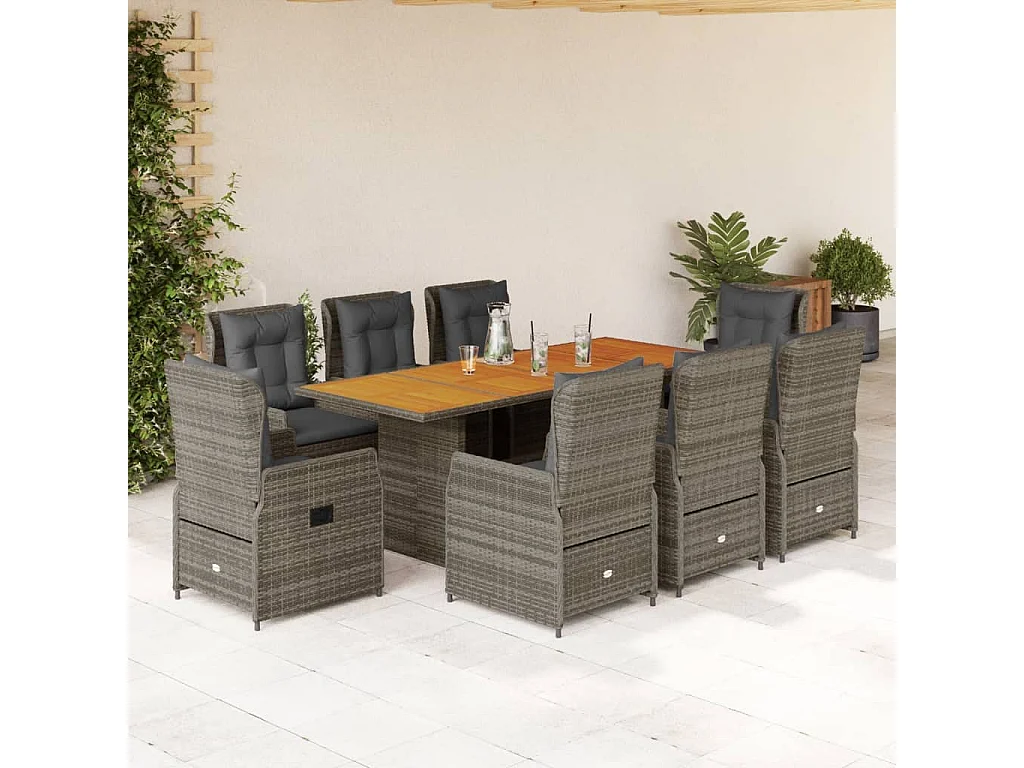 Ensemble à manger de jardin 9 pcs coussins gris résine tressée