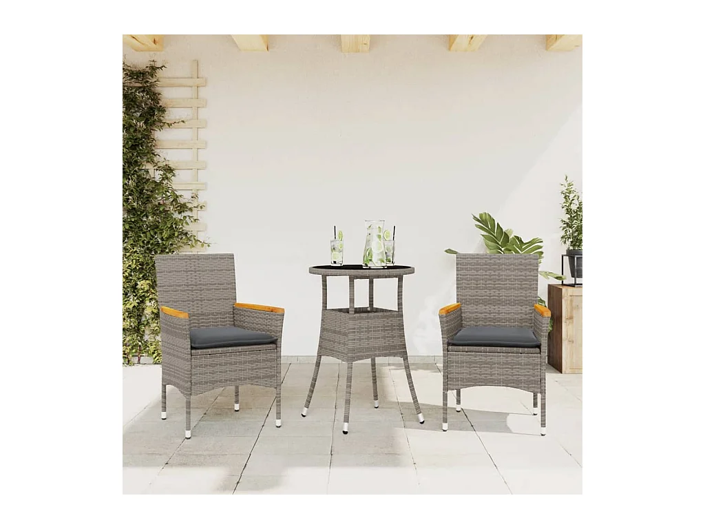 Set da Pranzo da Giardino 3pz con Cuscini in Polyrattan e Vetro
