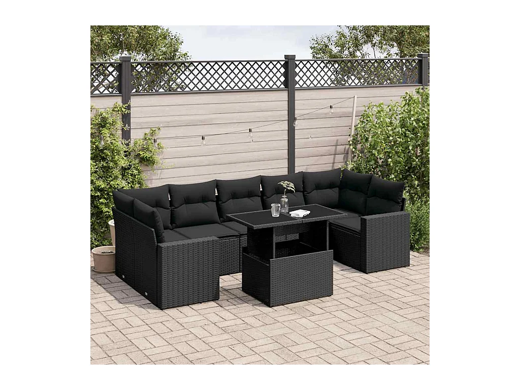 Salon de jardin 8 pcs avec coussins noir résine tressée