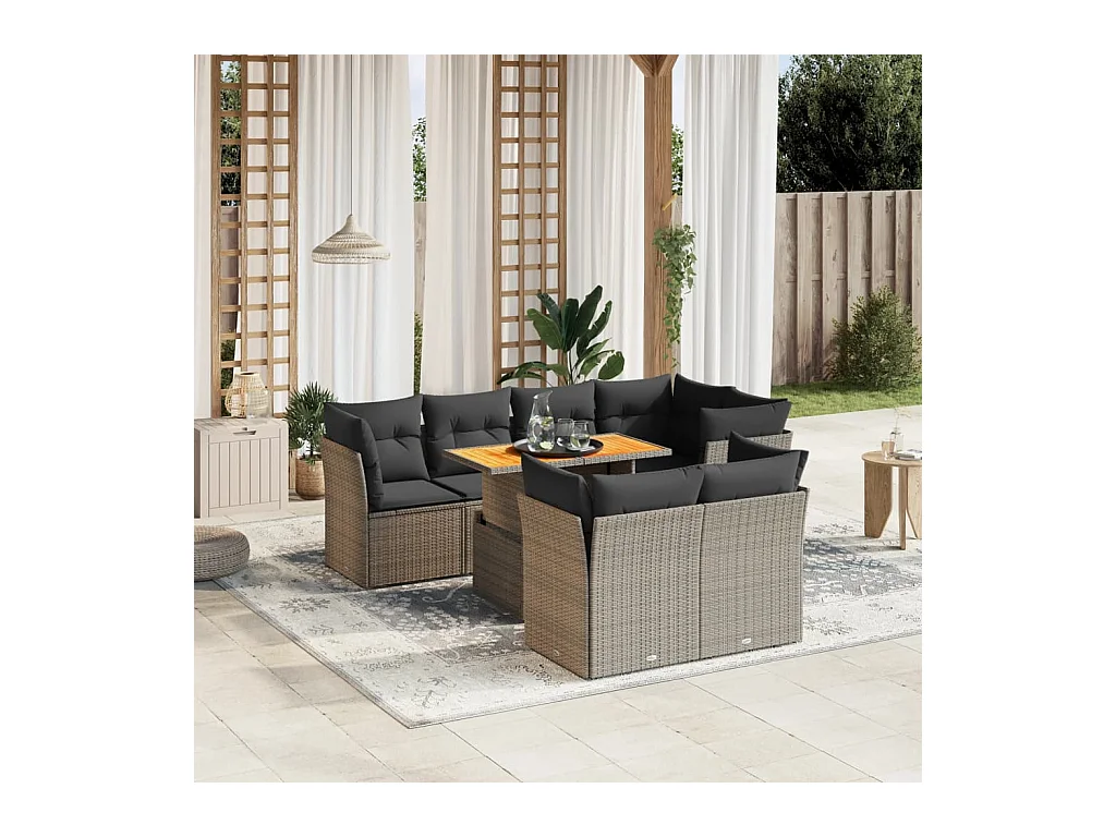 Salon de jardin 8 pcs avec coussins gris résine tressée