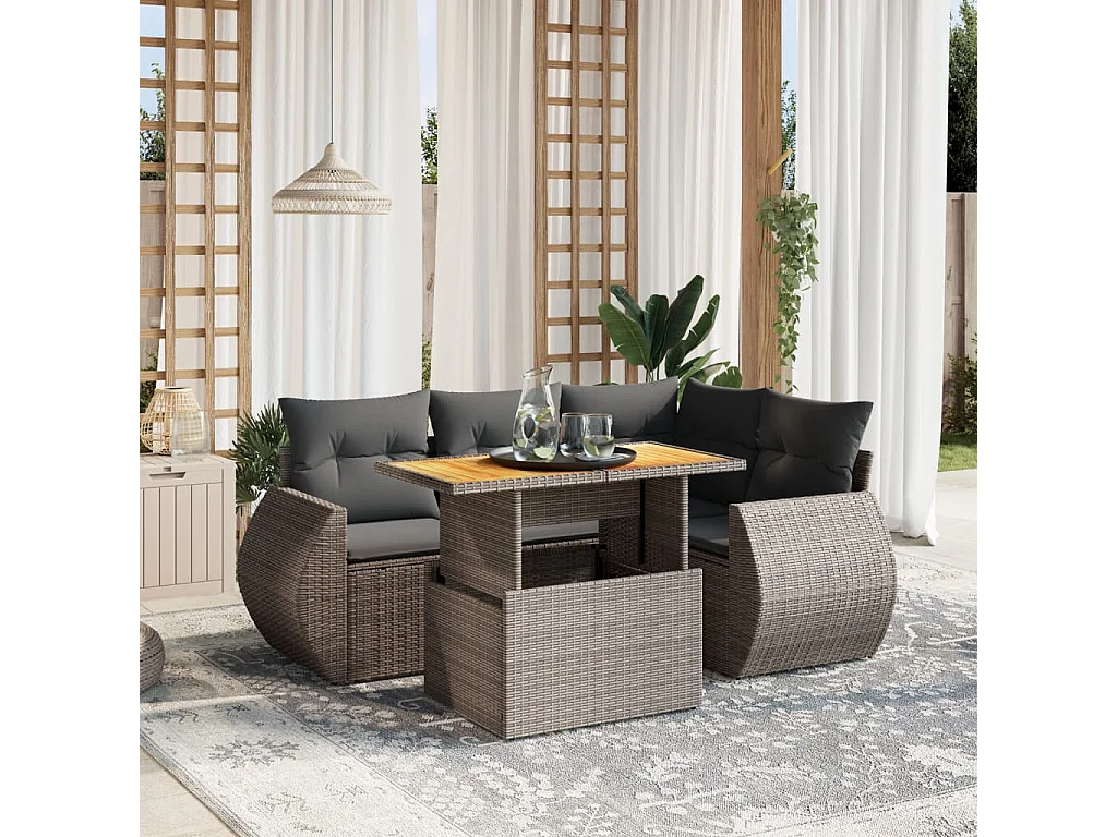 Set Divano da Giardino 5 pz con Cuscini Grigio in Polyrattan