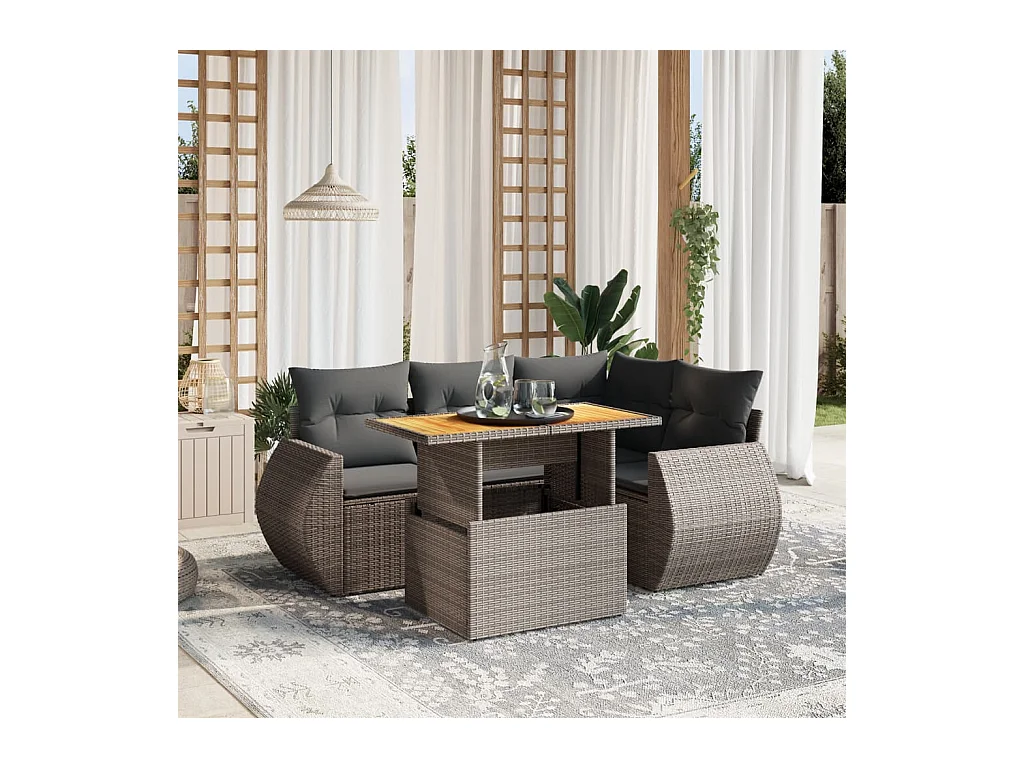 Salon de jardin 5 pcs avec coussins gris résine tressée