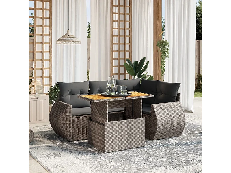 5-tlg. Garten-Sofagarnitur mit Kissen Grau Poly Rattan