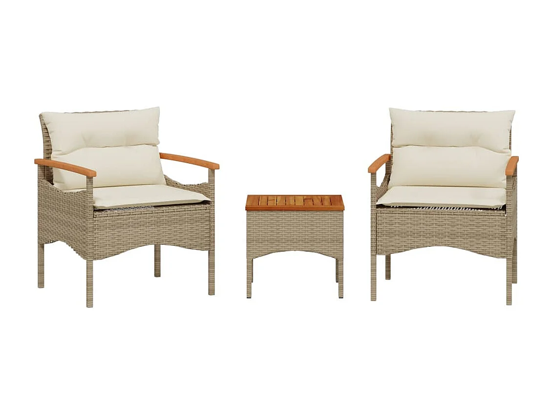 3 pcs conjunto de sofás p/ jardim com almofadões vime PE bege