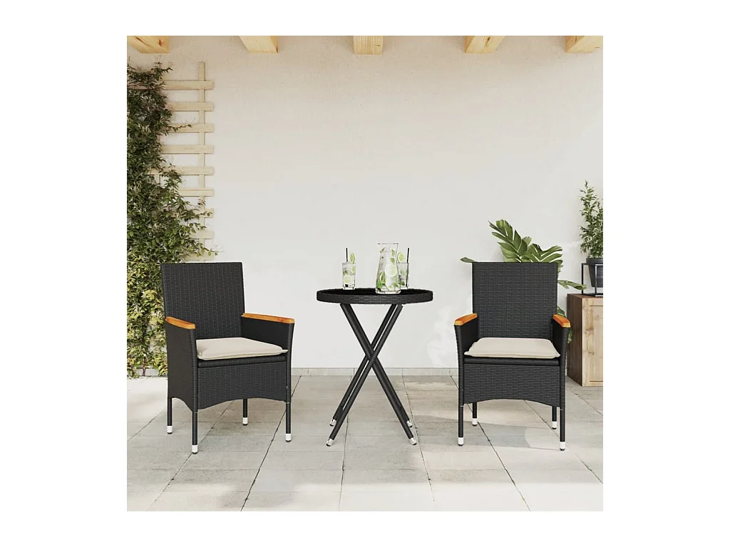 Set da Bistrò 3 pz con Cuscini Nero Polyrattan e Vetro