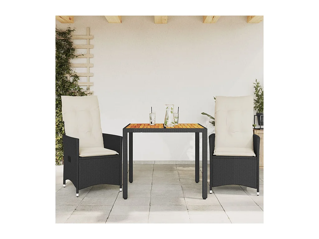 3-delige Bistroset met kussens poly rattan en acaciahout zwart