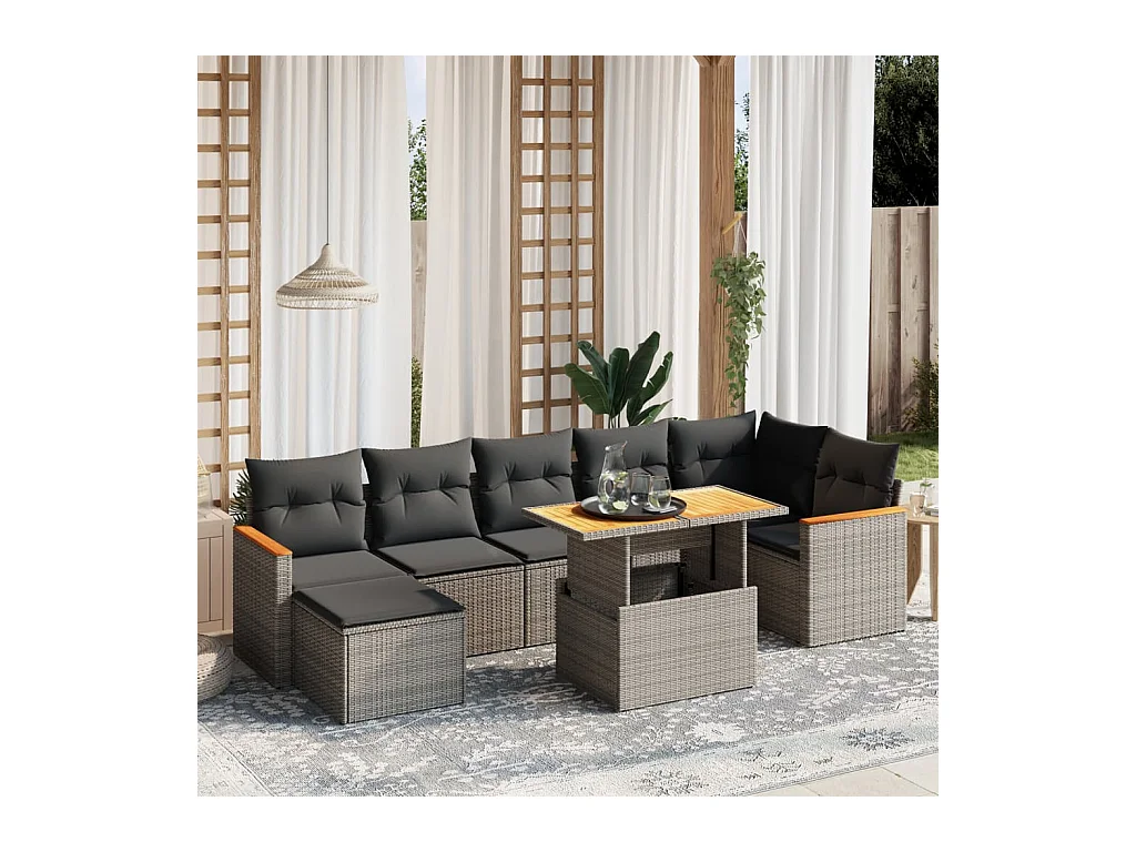 Salon de jardin 8 pcs avec coussins gris résine tressée