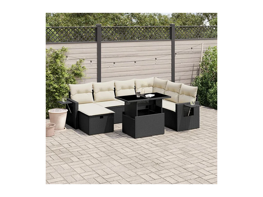 8-delige Loungeset met kussens poly rattan zwart
