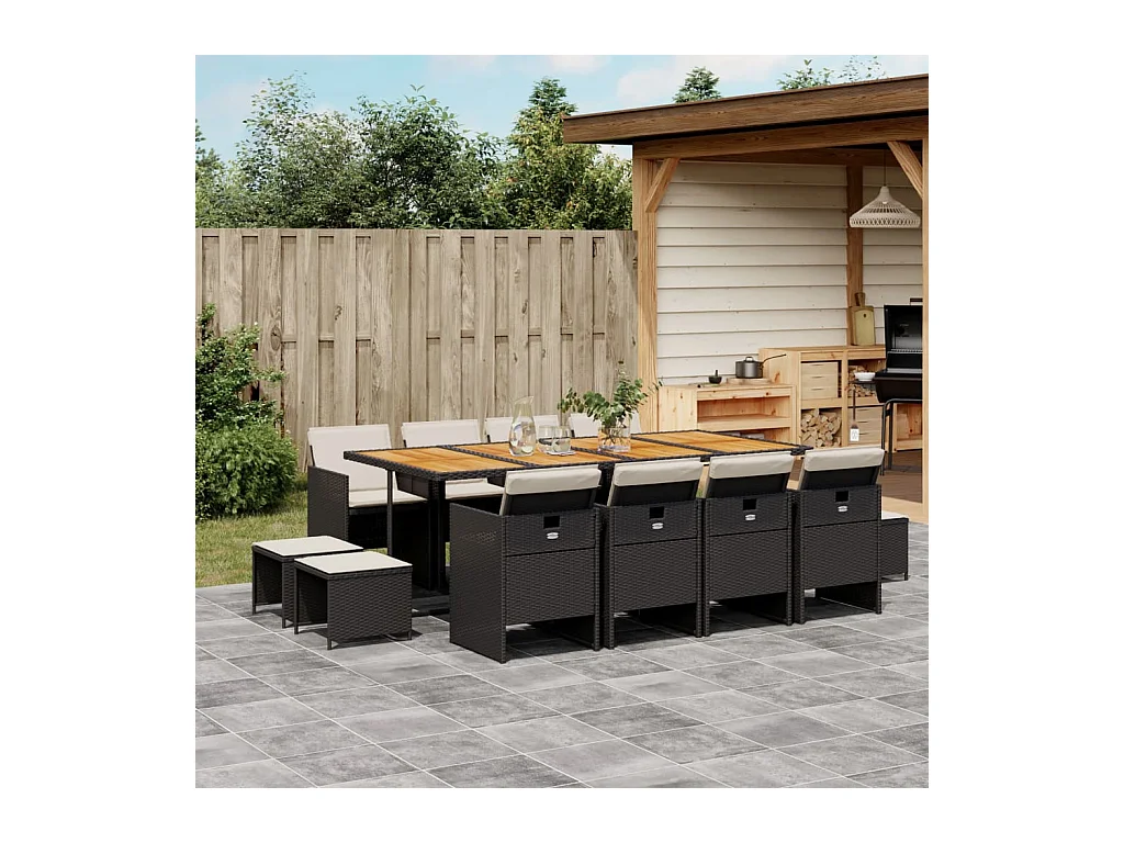 Ensemble à manger de jardin 13 pcs coussins noir résine tressée