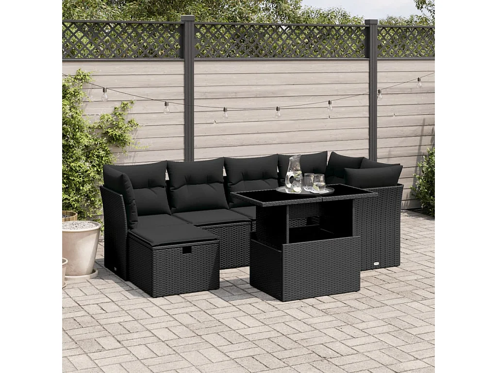 Salon de jardin 7 pcs avec coussins noir résine tressée