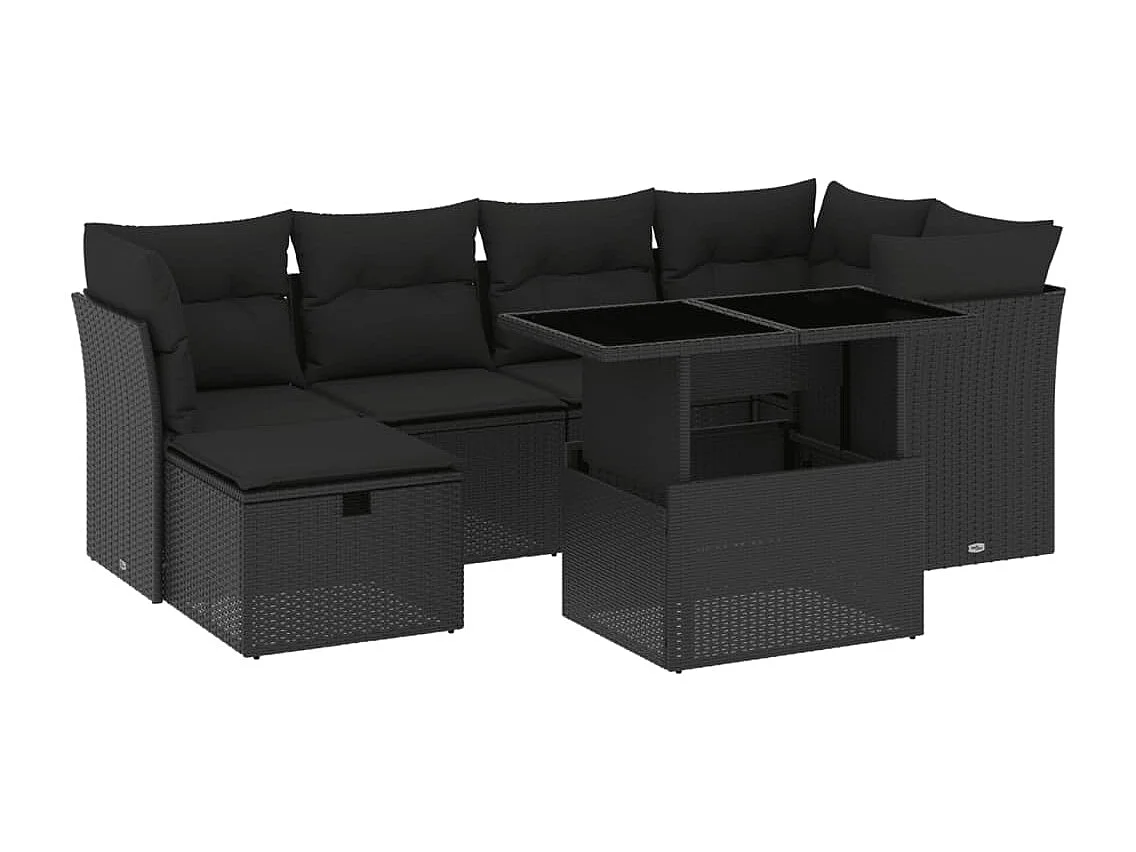 Salon de jardin 7 pcs avec coussins noir résine tressée