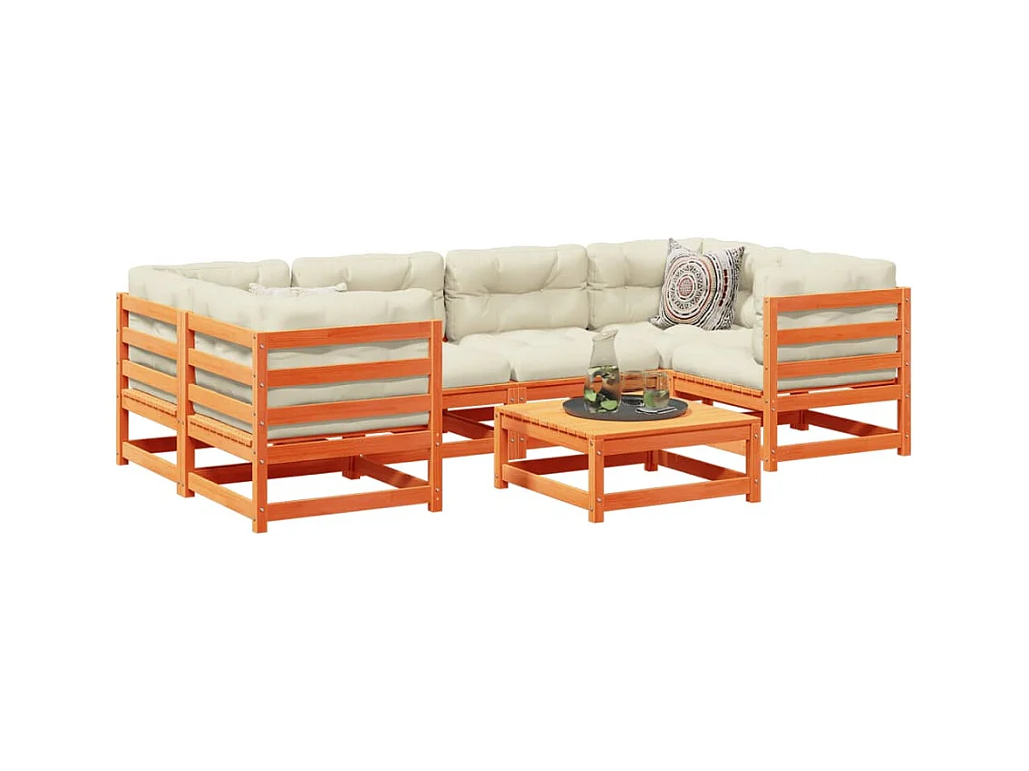 Set Divani Giardino 7 pz con Cuscini Marrone Cera Massello Pino