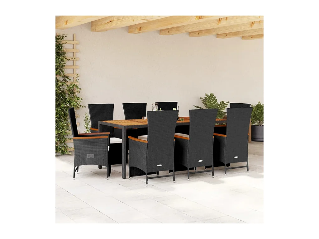 Ensemble à manger de jardin 9pcs coussins noir résine tressée