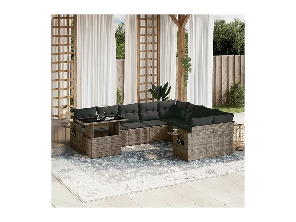 Set Divano da Giardino 10 pz con Cuscini Grigio in Polyrattan