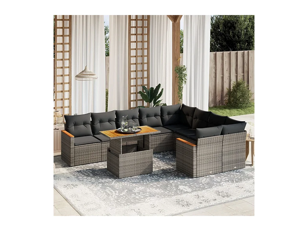 Set Divano da Giardino 10 pz con Cuscini Grigio in Polyrattan