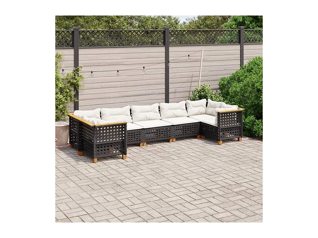 7-delige Loungeset met kussens poly rattan zwart