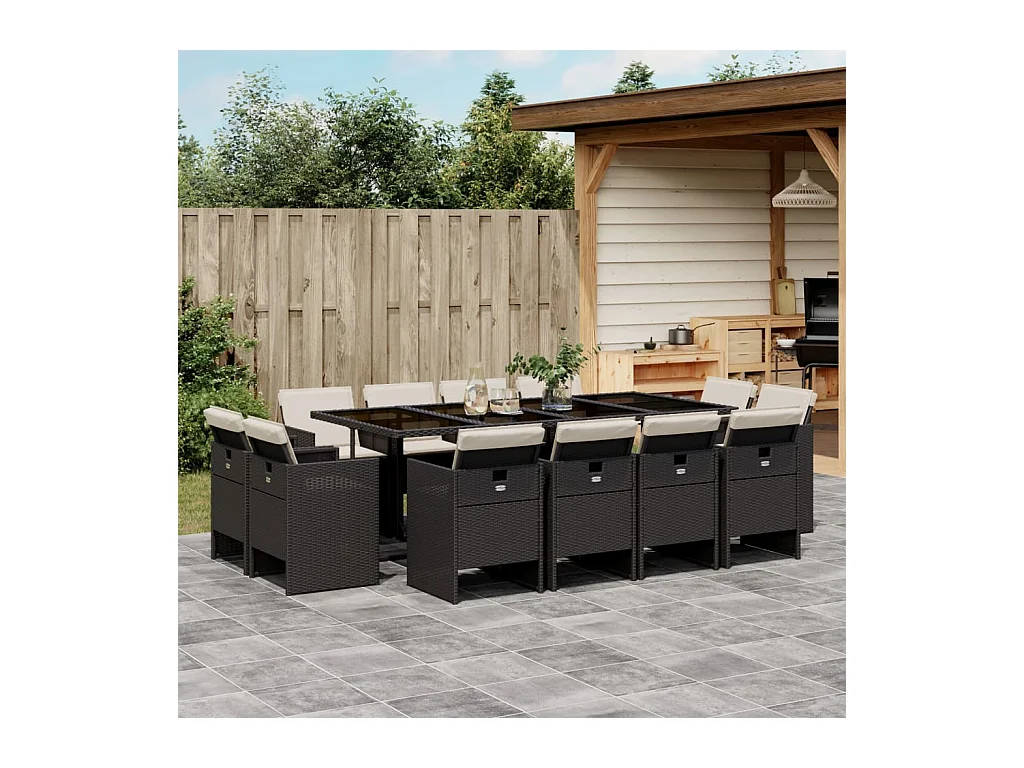 Set da Pranzo da Giardino 13pz con Cuscini Nero in Polyrattan