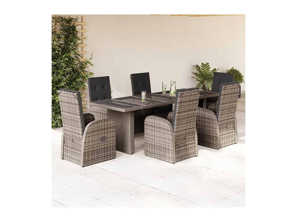 Ensemble à manger de jardin et coussins 7 pcs gris rotin