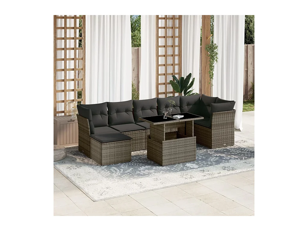Salon de jardin 8 pcs avec coussins gris résine tressée