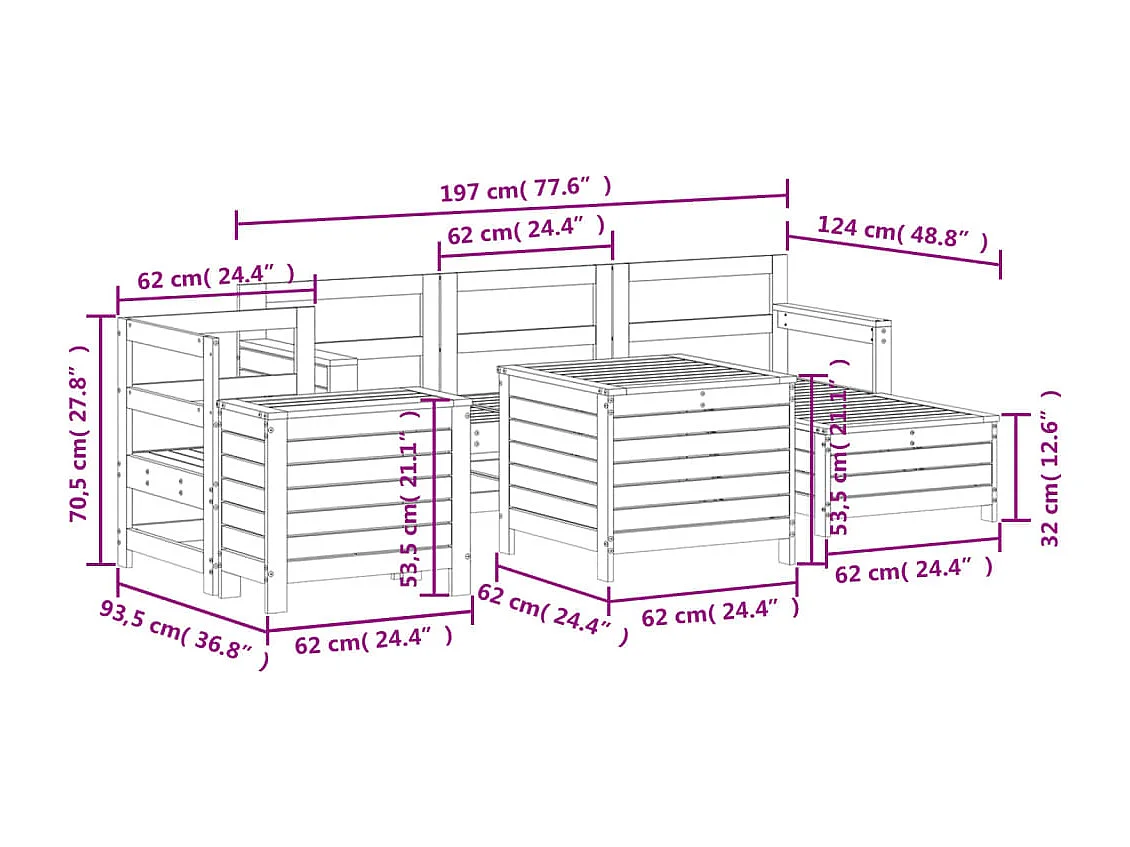 Salon de jardin 7 pcs blanc bois de pin massif