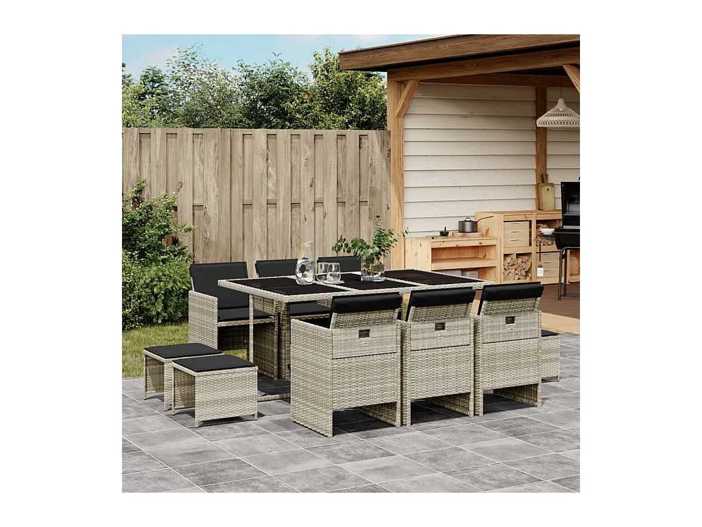 Ensemble à manger de jardin 11pcs avec coussins gris poly rotin