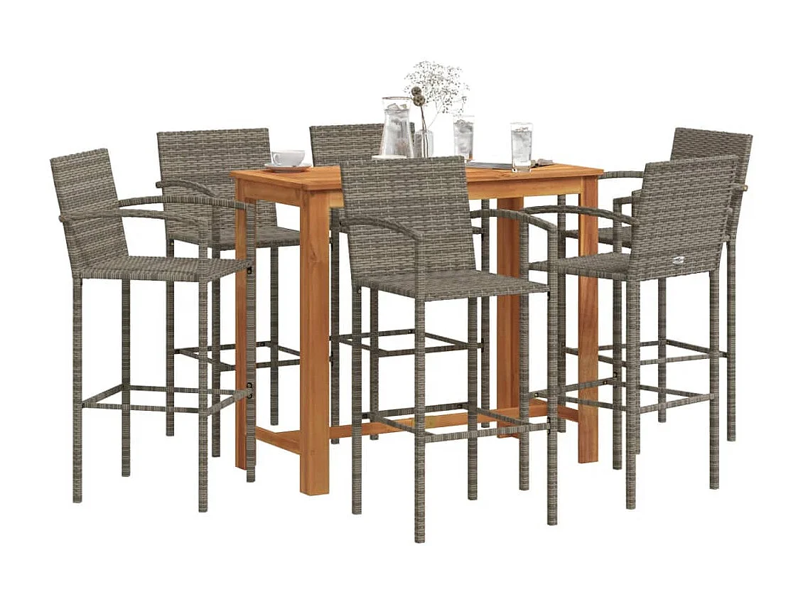 7-tlg. Gartenbar-Set Grau Massivholz Akazie und Poly Rattan