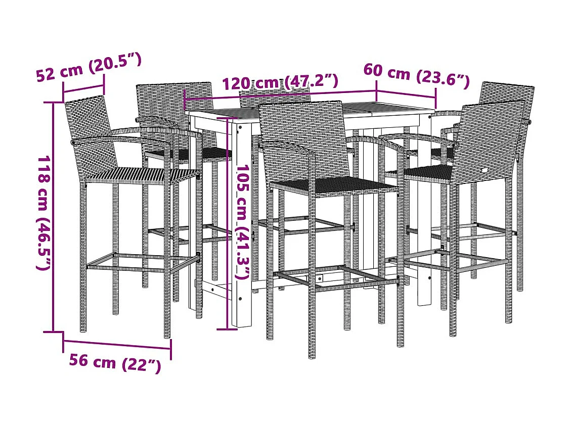 7-tlg. Gartenbar-Set Grau Massivholz Akazie und Poly Rattan