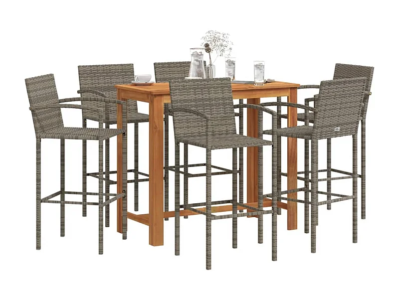 7-tlg. Gartenbar-Set Grau Massivholz Akazie und Poly Rattan
