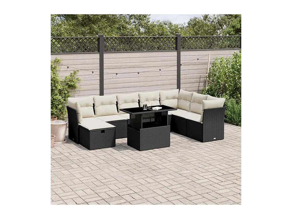 Salon de jardin 9 pcs avec coussins noir résine tressée