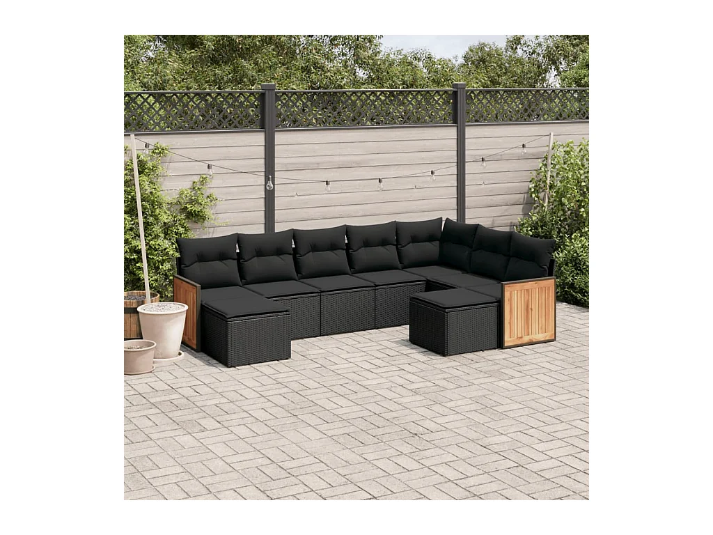 Salon de jardin 9 pcs avec coussins noir résine tressée