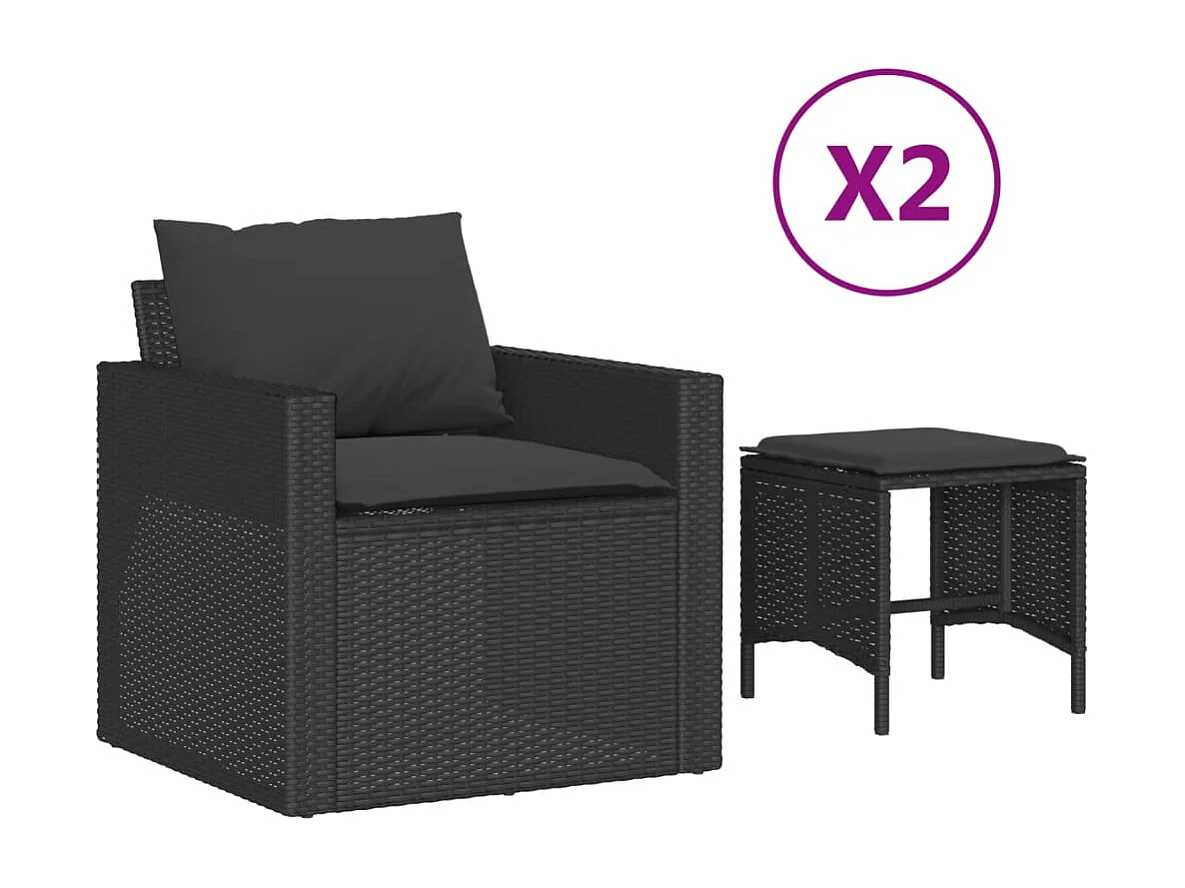 Salon de jardin 4 pcs avec coussins noir résine tressée